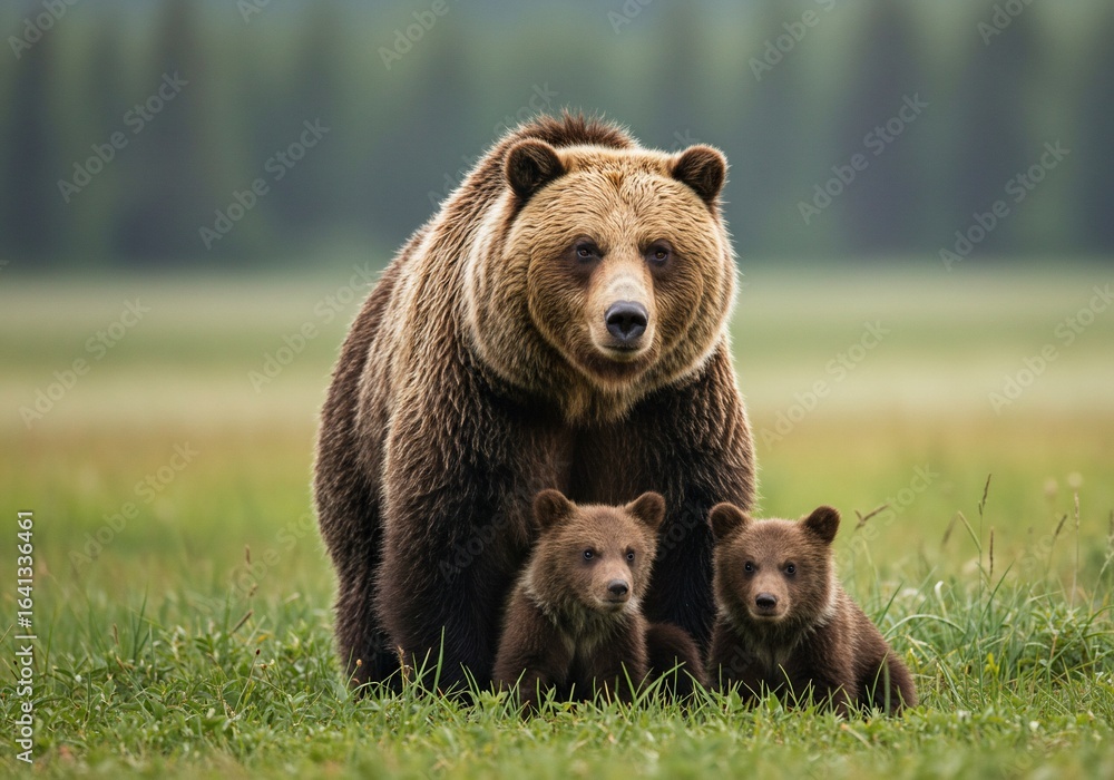 Fototapeta premium Protective Grizzly Bear Mother with Two Cubs in Lush Green Meadow, Focused Gaze