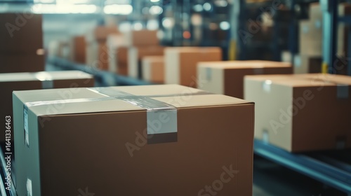 Photo-realistic image of printed catalogs being packed into boxes for shipment in a busy warehouse environment.