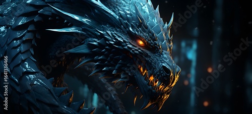The black background contrasts sharply with the bright blue silver light emitted by Kraken dragon,generative AI