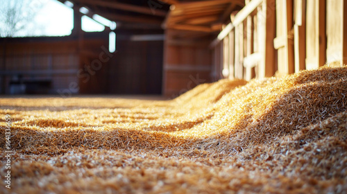 Hay bales in a barn with a wooden fence.