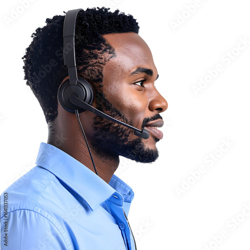 Side profile of African American male customer service agent with headset isolated on transparent background
