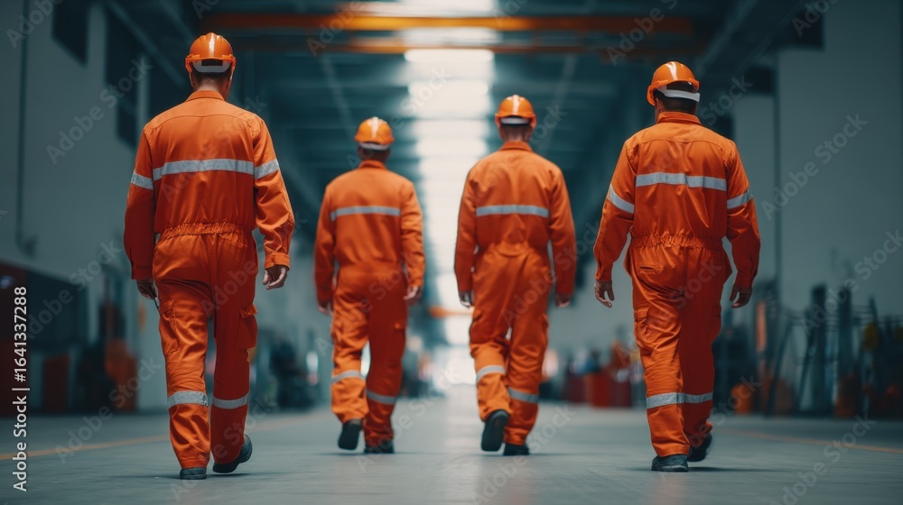 Naklejka premium Men in orange workwear and hardhats walk through an industrial facility. Workers wearing safety uniform. Concept of team and labor.