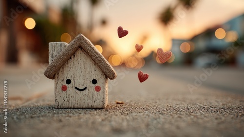 Fototapeta Naklejka Na Ścianę i Meble -  A small wooden house figurine, smiling, rests on a street with hearts floating around it; soft sunset glow