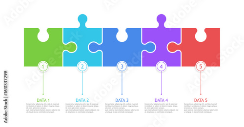 Puzzle infographic with 5 steps. Infographic design template made by color jigsaw puzzle pieces. Vector.