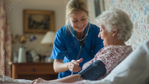 Smiling nurse checking elderly woman’s blood pressure at home, concept of compassionate healthcare and elderly support.