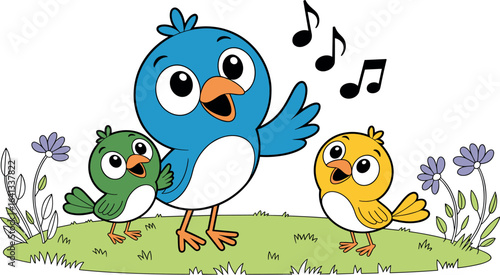 Cartoon birds singing on grass, colorful animated illustration, cheerful nature scene, cute animals, springtime joy, children’s art, playful wildlife