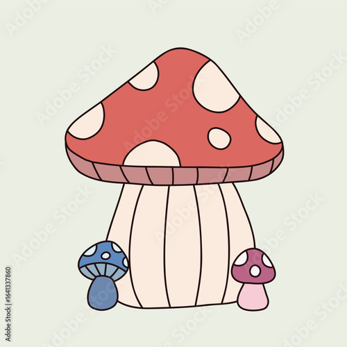 Group of Mushroom with white dots minimalist style with outline Illustration Autumn Theme Isolated Vector