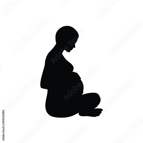 Pregnant woman sitting in a meditative pose, silhouette illustration isolated on white background