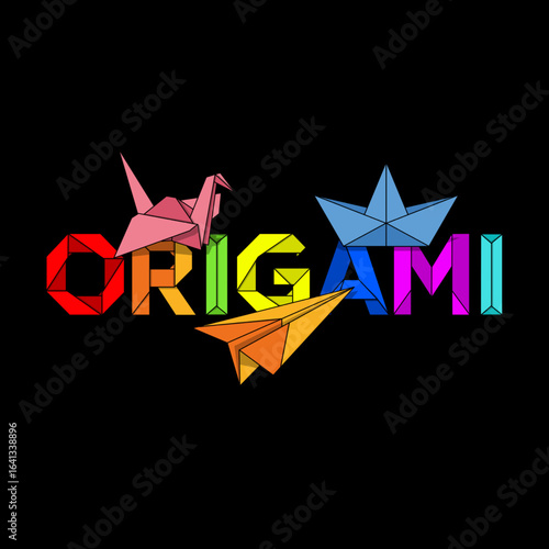 The word "ORIGAMI" is made of colorful paper folds with ships, swans, and paper airplanes. National Origami Day to celebrate on November 11th.