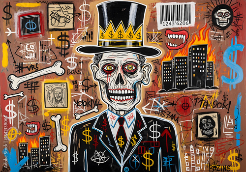 Vivid Urban Graffiti Art Featuring Skeleton in Suit Surrounded by Capitalism