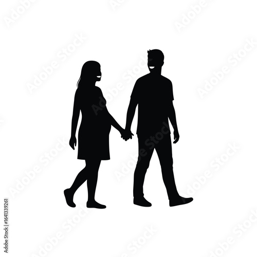 Silhouette of a pregnant woman and a man walking hand in hand, representing a couples journey and family future, isolated on white background