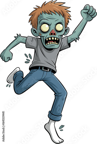 Cartoon character jumping, light blue skin, orange hair, grey t-shirt, blue jeans, white socks, action pose, energetic movement