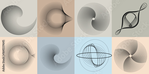 Lines and spirals in Circle Form .Rotate rounded shape Vector .Rotating dots form a circle .Rotating and linear design element . Various lines forming round shape . Abstract Geometric line art 