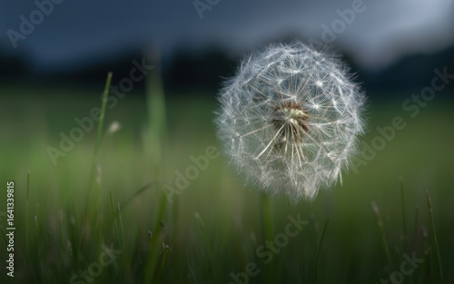 Dandelion in Bloom: A solitary dandelion clock, poised delicately amidst a blurred field of green, a beacon of ephemeral beauty, whispers of nature's quiet grandeur.