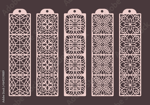 Set of five decorative laser cut bookmarks with intricate geometric and floral patterns, perfect for crafting and journaling vector