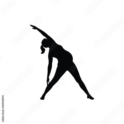 Silhouette of a pregnant woman performing a yoga stretch, isolated on a white background, promoting healthy pregnancy and active lifestyle