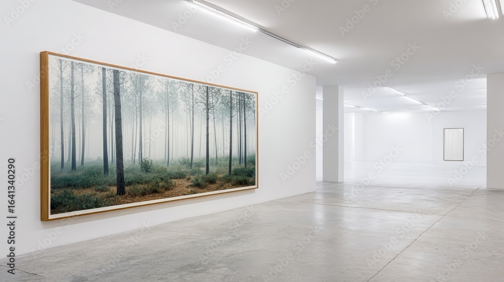 Obraz premium Artwork Display in Modern Gallery: Forest Scene Painting in Minimalist White Exhibition Space