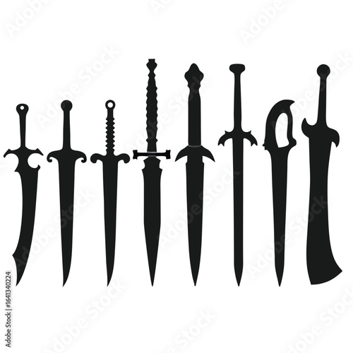 Collection of Silhouetted Swords on White Background