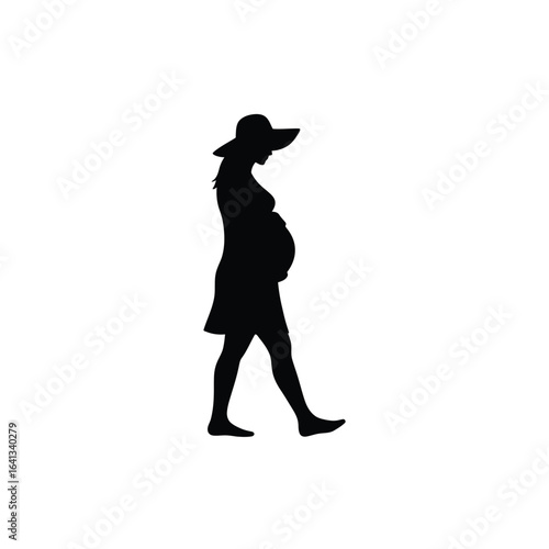 Pregnant woman walking with hat silhouette isolated on white background, conveying elegance and movement during pregnancy