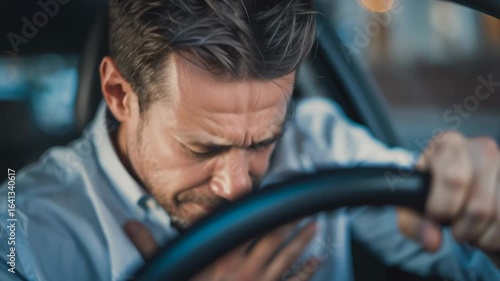 Middle-aged man in a car clutching his chest in visible pain, concept of sudden heart attack or medical emergency while driving.