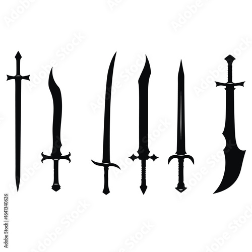 Collection of six black sword silhouettes on white background 1