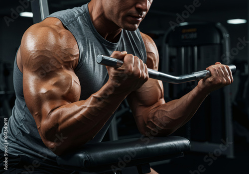 Muscular Man Performing Bicep Curls with EZ Curl Bar in Gym - Intense Arm Workout