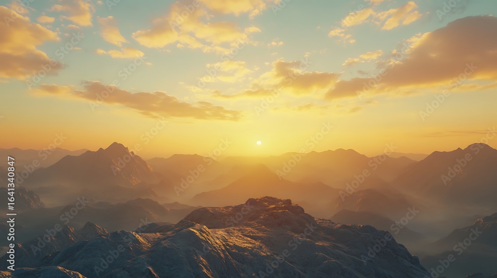 Obraz premium Mountain Range at Sunrise with Golden Light and Cloudscape