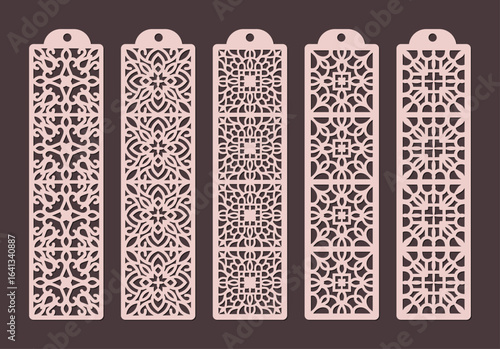Set of five ornate, lasercut bookmarks with intricate geometric and floral patterns, perfect for book lovers vector