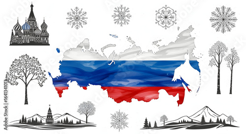 Detailed Artistic Watercolor Map of Russia Featuring Vibrant National Flag Colors, Iconic Moscow Saint Basil's Cathedral Silhouette, Winter Snowflake Ornaments, Bare and Leafy Tree Illustrations, 