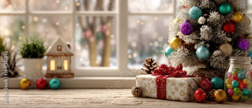 Festive Christmas scene with decorated tree, colorful ornaments, and wrapped gifts by window
