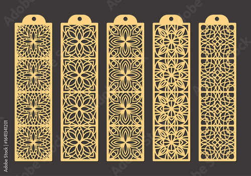 Set of five ornate golden lasercut bookmarks with intricate geometric and floral patterns, perfect for book lovers and crafters vector