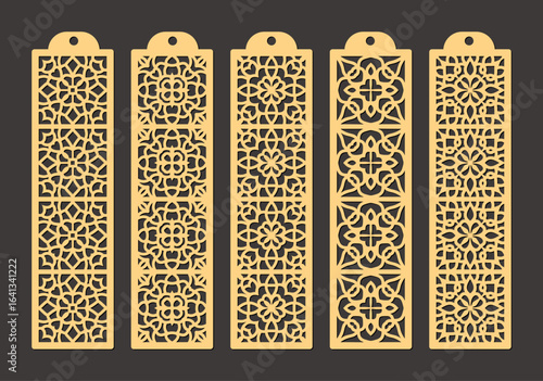 Set of five ornate golden lasercut bookmarks featuring intricate geometric and floral patterns, perfect for adding elegance to reading vector