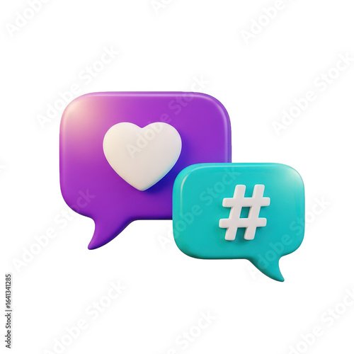 3d icon of social media icons, like and hashtag, isolated on transparent background