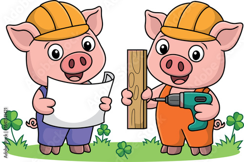 Cartoon construction pigs on grass, builder pig characters with tools and blueprint, cute animal workers illustration, teamwork concept, kids design