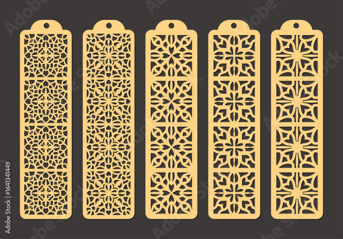 Set of five ornate golden lasercut bookmarks featuring intricate geometric patterns and a hanging hole at the top vector