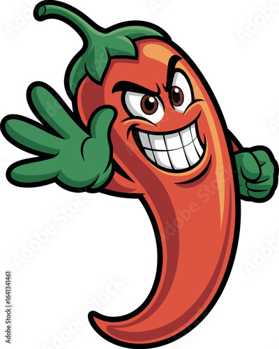 Cartoon chili pepper character with green gloves, expressive face and toothy grin, confident vegetable illustration, spicy food mascot art