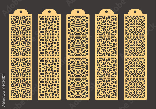 Set of five ornate golden lasercut bookmarks featuring intricate geometric patterns and floral motifs, perfect for book lovers vector