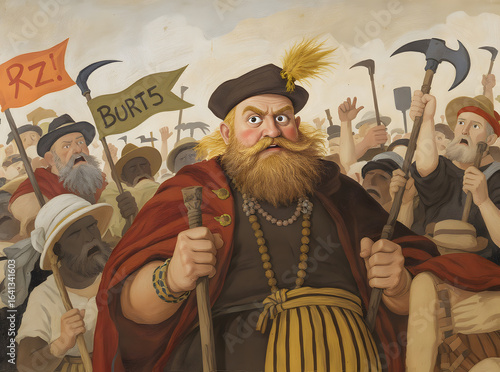 Fierce Bearded Leader Rallying a Diverse Crowd with Flags and Weapons