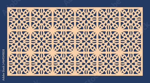 Intricate geometric laser cut pattern panel with repeating floral motifs and symmetrical design elements, ideal for architectural screening or decorative applications vector