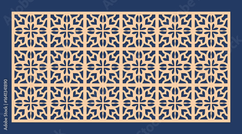 Geometric ornamental laser cut panel with intricate repeating quatrefoil pattern, beige on dark blue background vector
