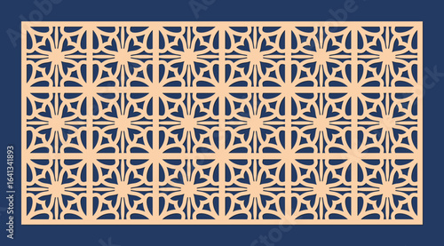 Intricate geometric laser cut pattern with repeating star and square motifs, ideal for architectural screens or decorative panels vector