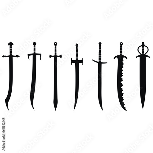 Seven different sword silhouettes on white background