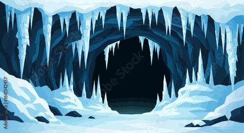 A dark cave entrance is surrounded by ice and icicles in a winter landscape