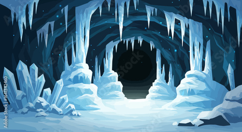A dark pixelated ice cave with stalactites crystals  snowcovered ground A shadowy tunnel entrance lies ahead