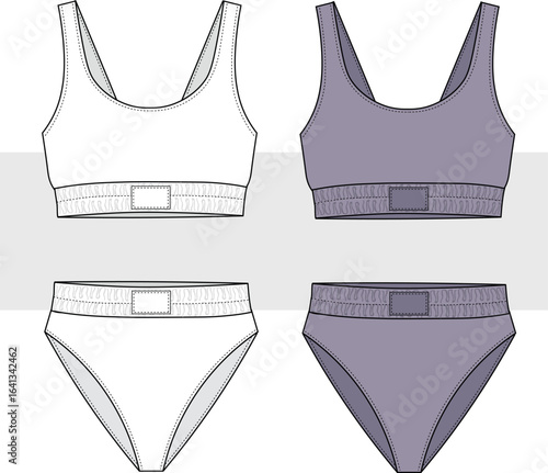 Women sport underwear, beachwear, bikini fashion flat sketch, illustration. Bra panties apparel design. Front and back view, CAD mockup set.