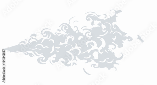 A swirling cloudlike form with a pointy end composed of intricate stylized swirls and curves