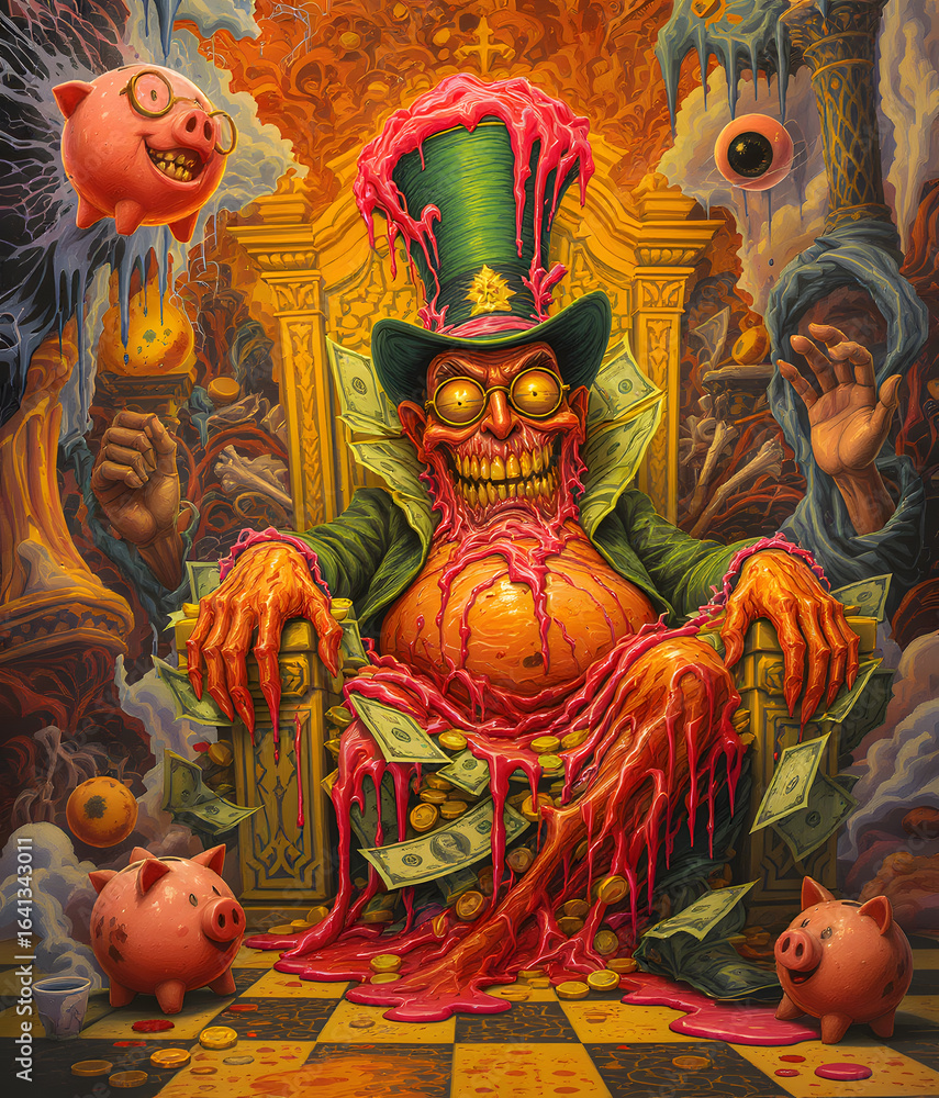 Obraz premium Surreal and Grotesque Creature Wearing a Green Hat Sitting on Throne Surrounded