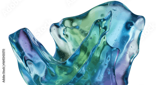 Abstract glass sculpture with blue green and purple hues on a white background