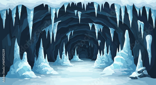 An ice cave with stalactites hanging from the ceiling and stalagmites rising from the snowy floor
