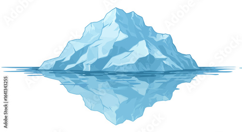 An iceberg is shown with visible parts above water reflected below in cool tones against a stark white background